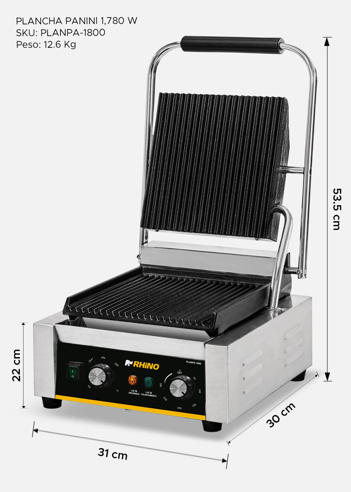 Diagrama de medidas de la plancha panini abierta con potencia indicada de 1780 W — Rhino PLANPA-1800