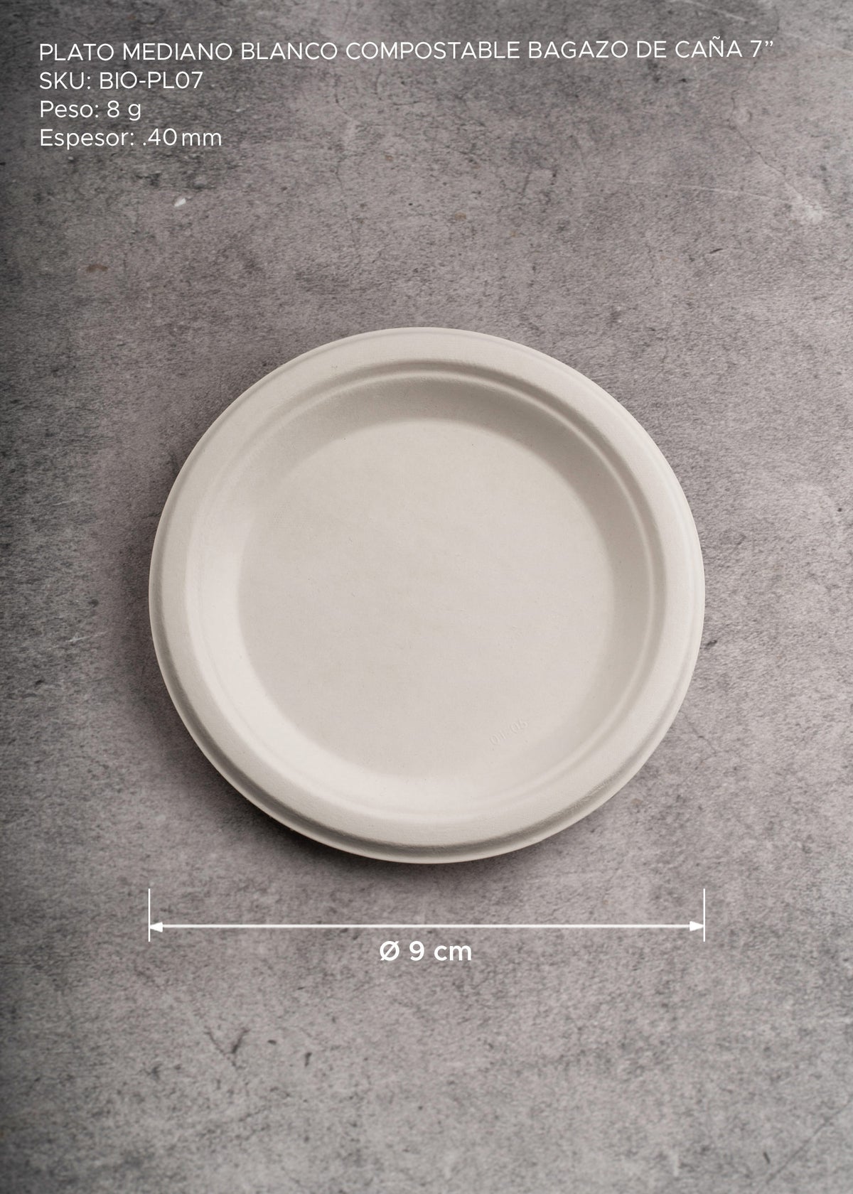 Plato trinche mediano desechable compostable blanco de bagazo de caña de maíz biodegradable y resistente Ø 7" /  17.5 cm — imagen de producto