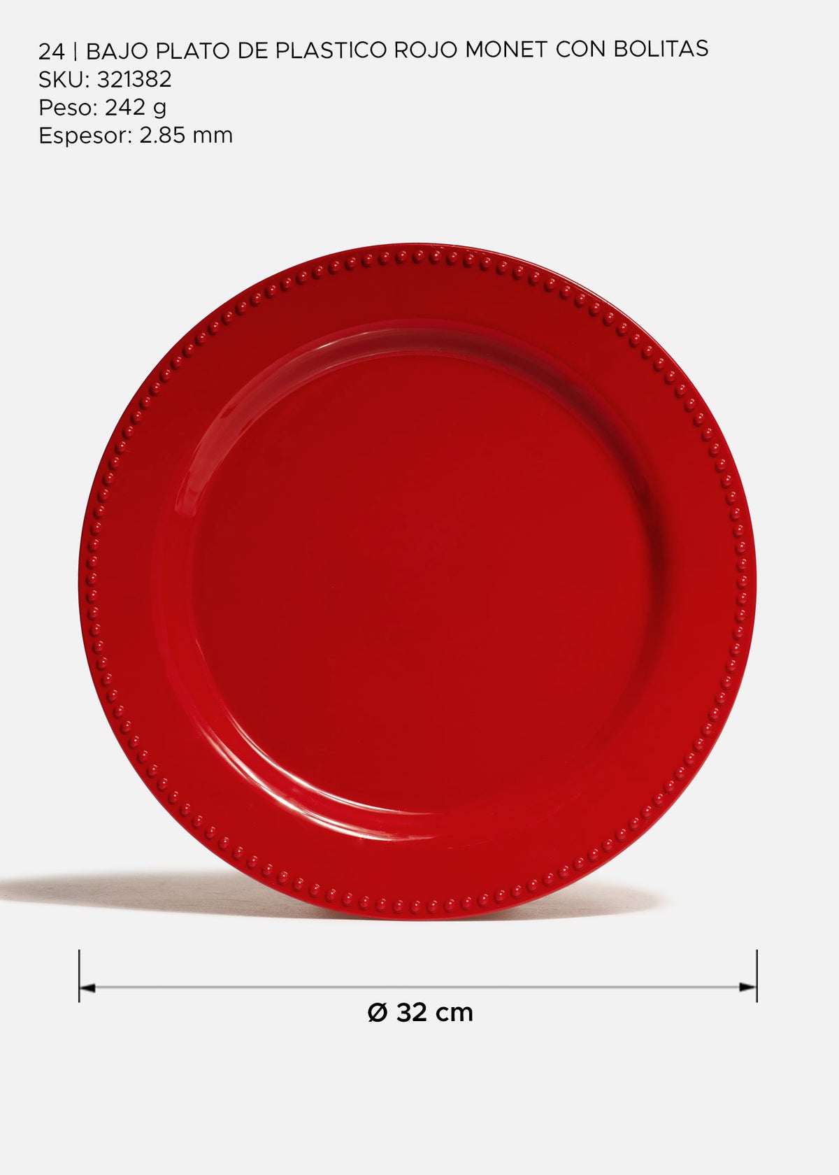 Plato base de plástico rojo con borde de bolitas para eventos y decoración de mesa Monet Ø 32 cm — imagen de producto