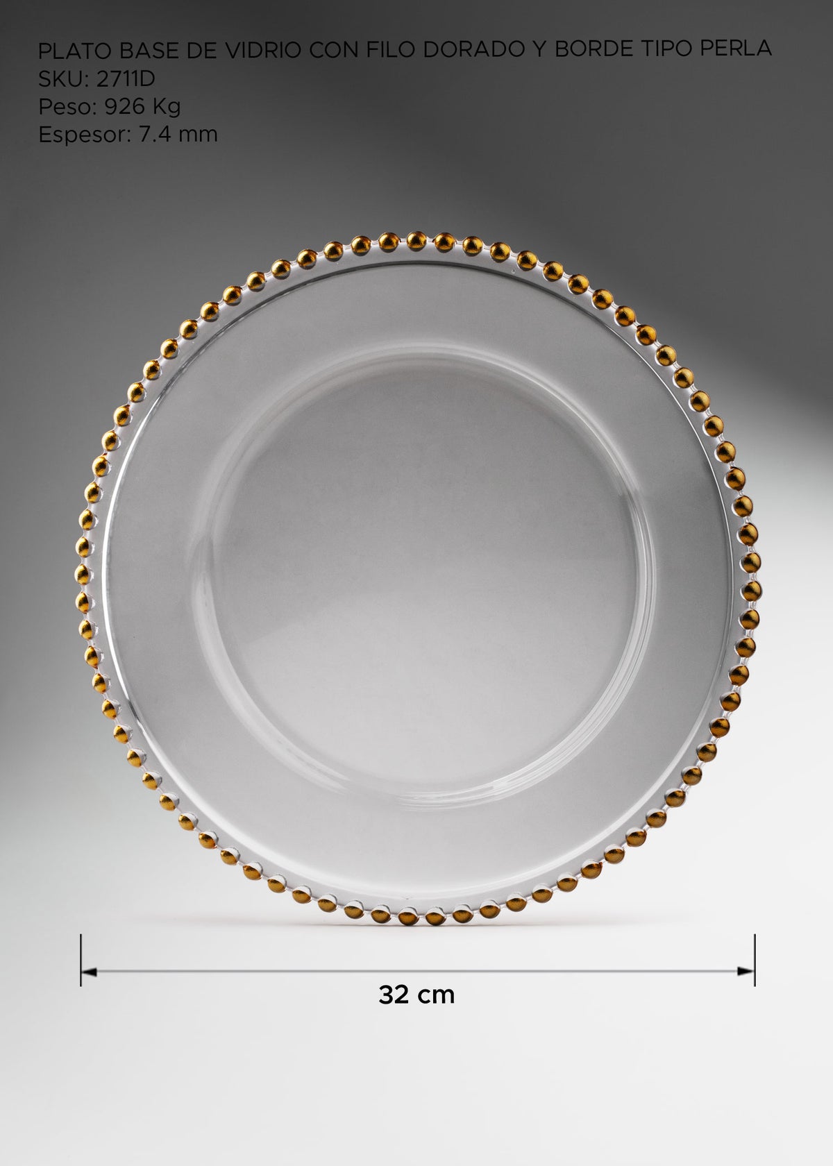 Detalle de Plato base de vidrio transparente con filo dorado Perla Ø 21 cm para banquetes, hoteles, restaurantes, bodas y eventos