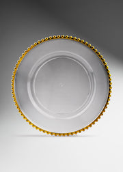 Plato base de vidrio transparente con filo dorado Perla Ø 32 cm para banquetes, hoteles, restaurantes, bodas y eventos