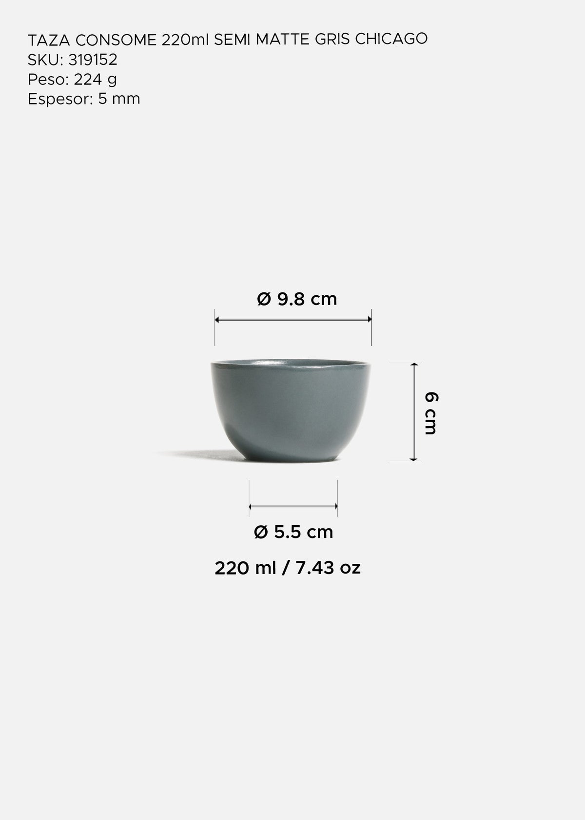 Plato para consomé de cerámica semi mate gris Chicago 220 ml - Ø 9.8 cm — imagen de producto