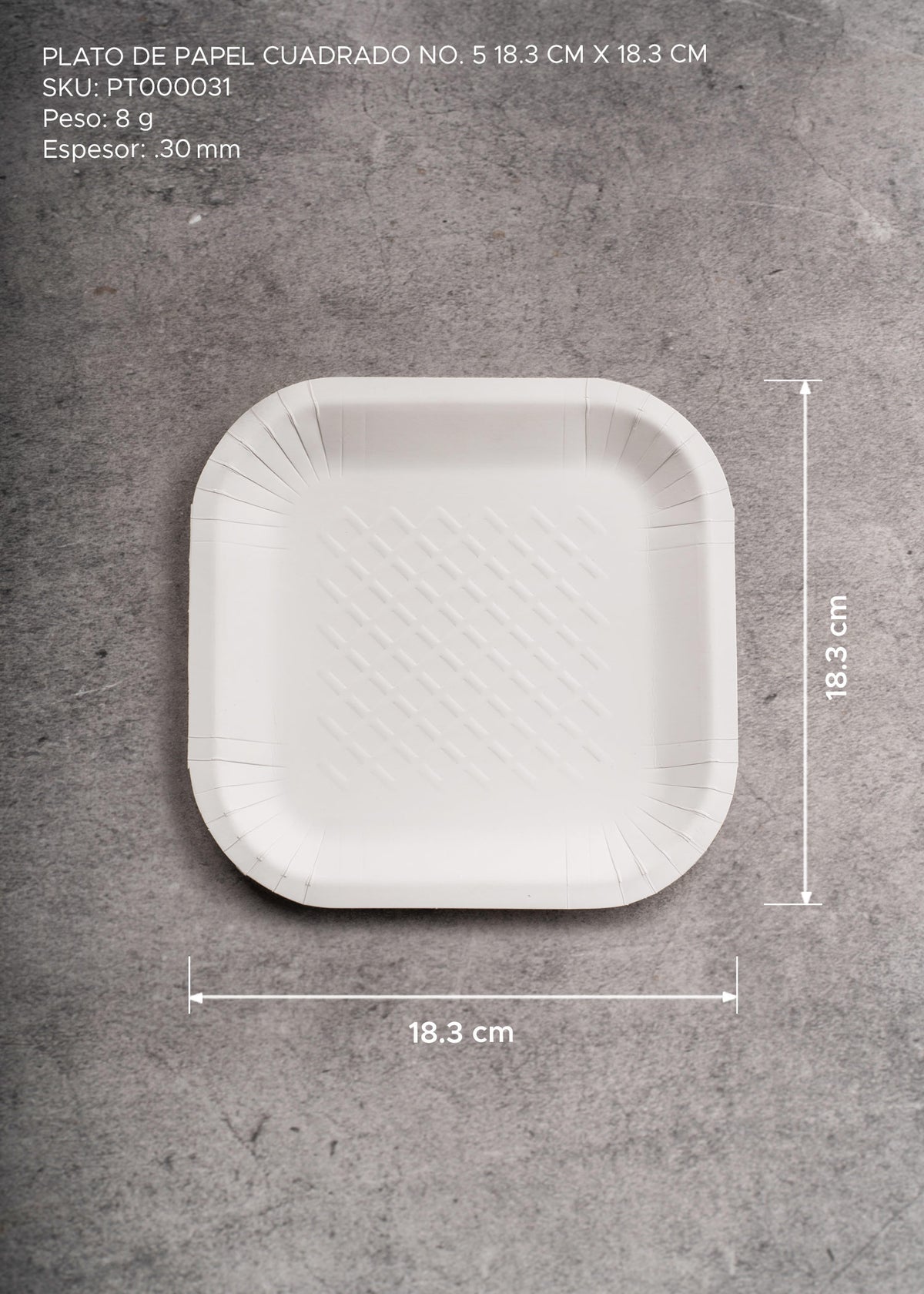 Plato cuadrado desechable resistente blanco de papel (No. 5) para comida, postres y eventos. Alto 1.5 cm, ancho 18.3 cm, largo 18.3 cm — imagen de producto