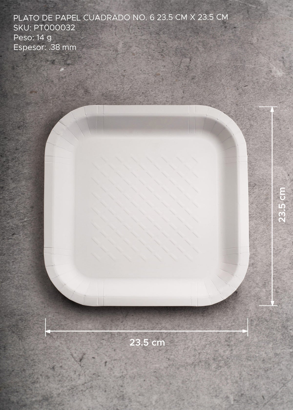 Plato cuadrado desechable resistente blanco de papel (No. 6) para comida y eventos. Alto 2.5 cm, largo 23.5 cm, ancho 23.5 cm — imagen de producto