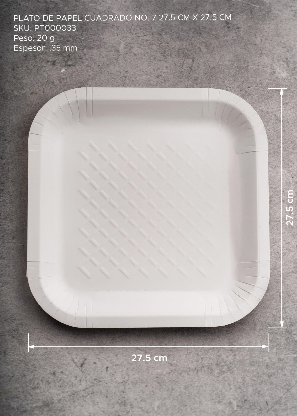 Plato cuadrado desechable grande y resistente (No. 7) para comidas y eventos. Alto 2.5 cm, largo 27.5 cm, ancho 27.5 cm — imagen de producto