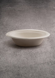 Plato hondo desechable compostable blanco de bagazo de caña de maíz biodegradable, resistente libre de compuestos químicos (PFAS) 12 oz / 354 ml Ø  16 cm — imagen de producto