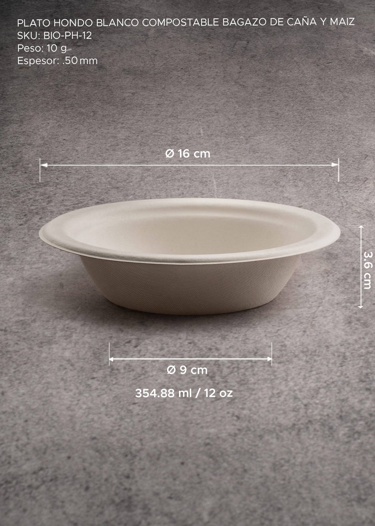 Plato hondo desechable compostable blanco de bagazo de caña de maíz biodegradable, resistente libre de compuestos químicos (PFAS) 12 oz / 354 ml Ø  16 cm — imagen de producto