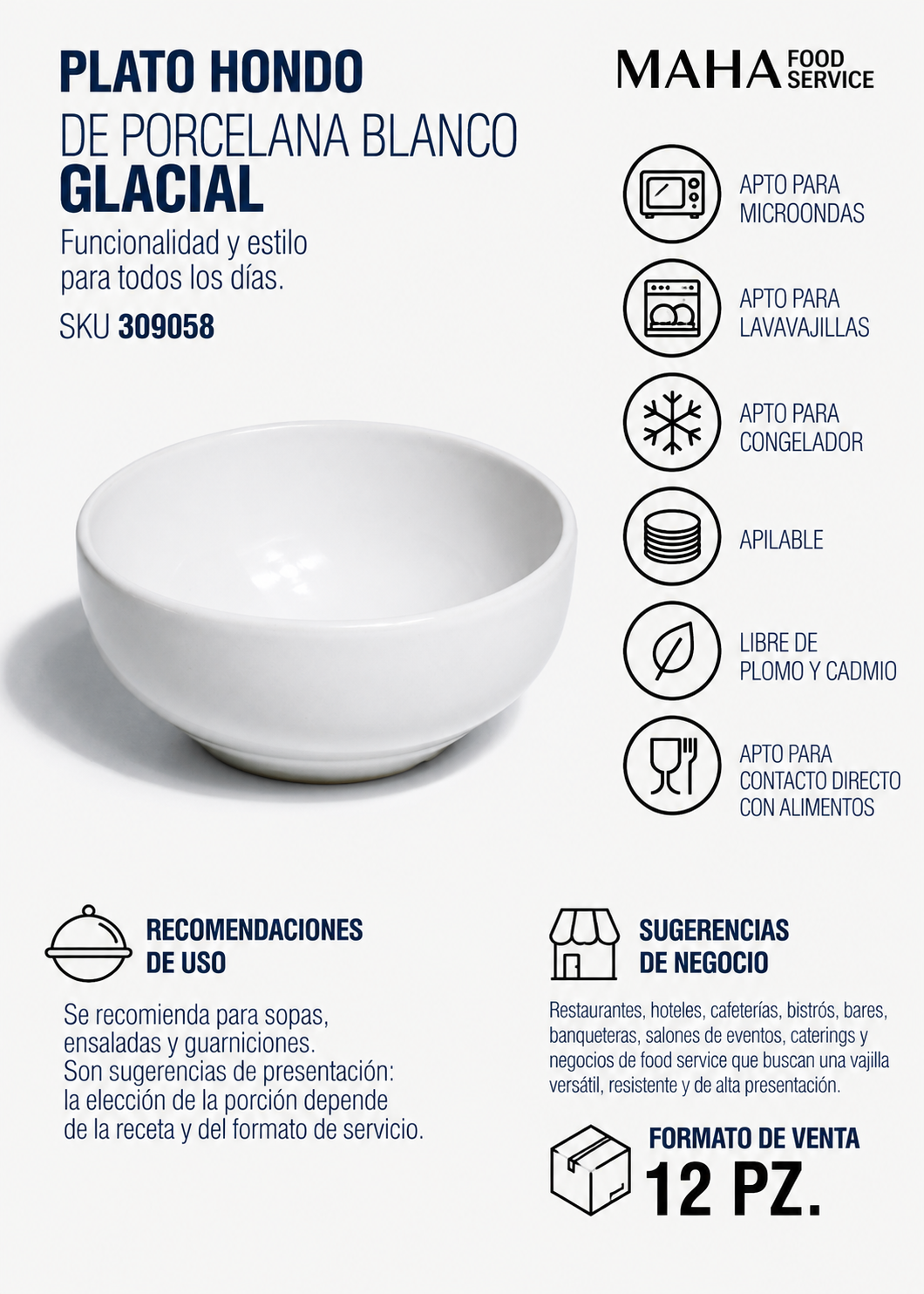Plato hondo de porcelana blanco Glacial 500 ml — imagen de producto
