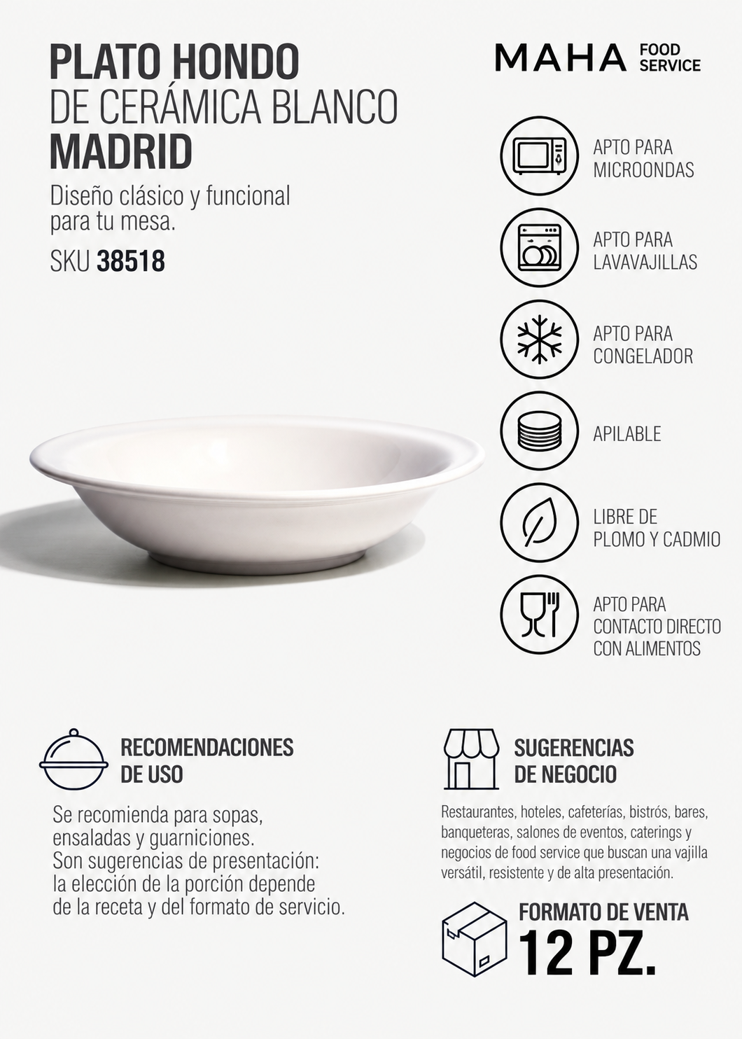 Plato hondo de cerámica blanco Madrid Ø 21 cm, 650 ml — imagen de producto