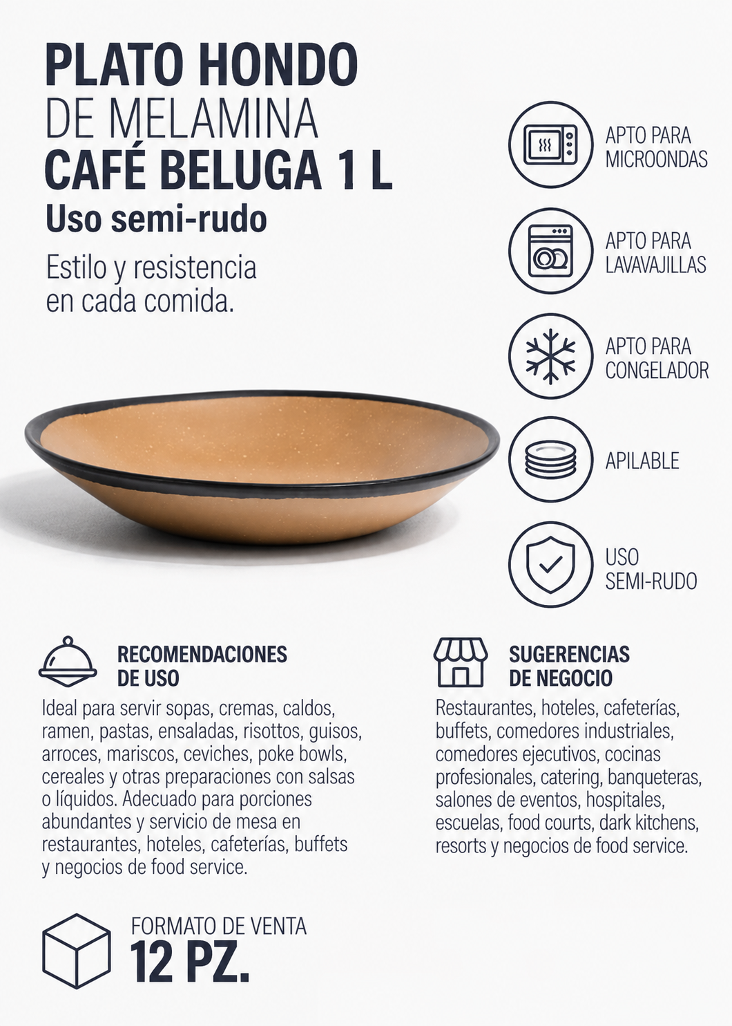 Plato hondo de melamina café Beluga 1 L, Ø 25 cm — imagen de producto