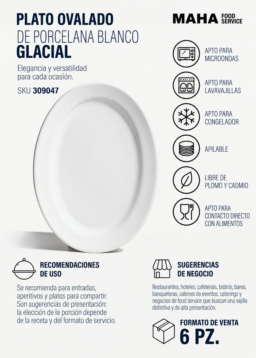 Plato ovalado de porcelana blanco Glacial 33 cm — imagen de producto