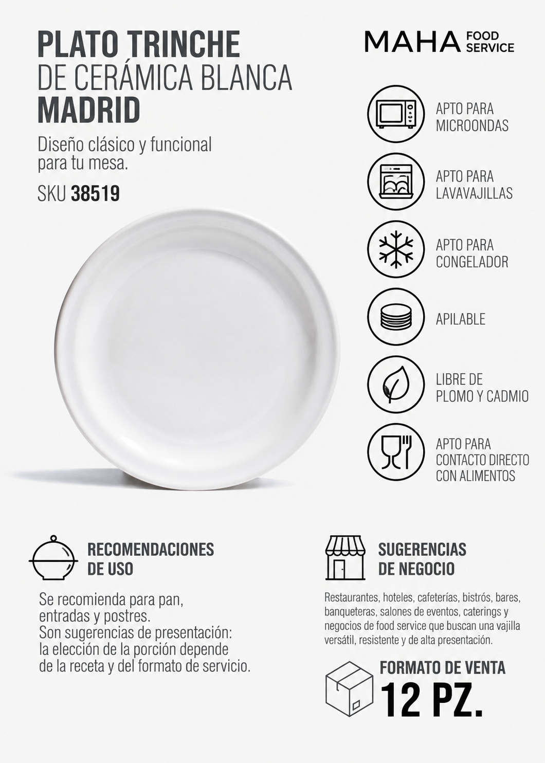 Plato trinche de cerámica blanca Madrid Ø 20 cm — imagen de producto