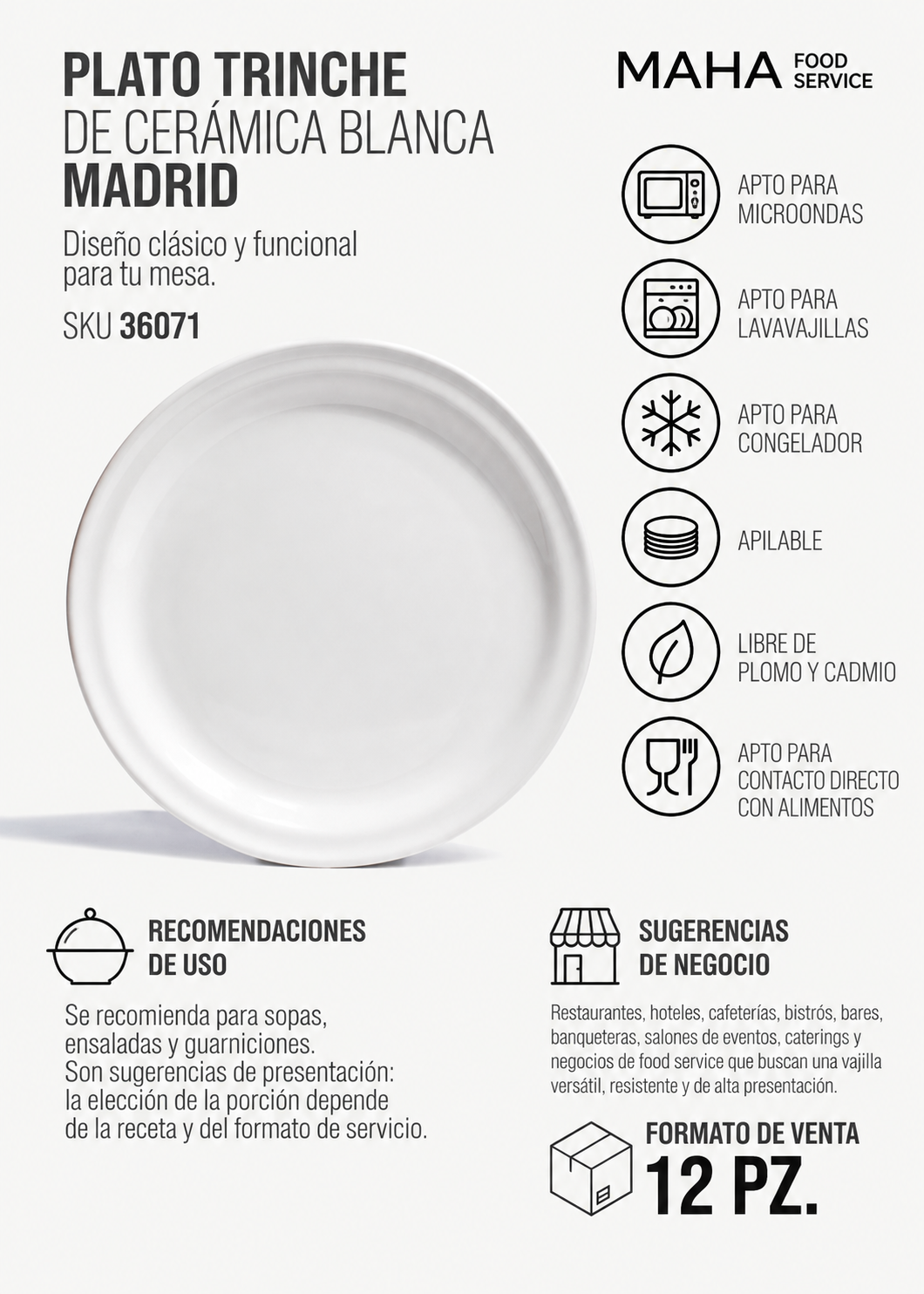Plato trinche de cerámica blanca Madrid Ø 24 cm — imagen de producto