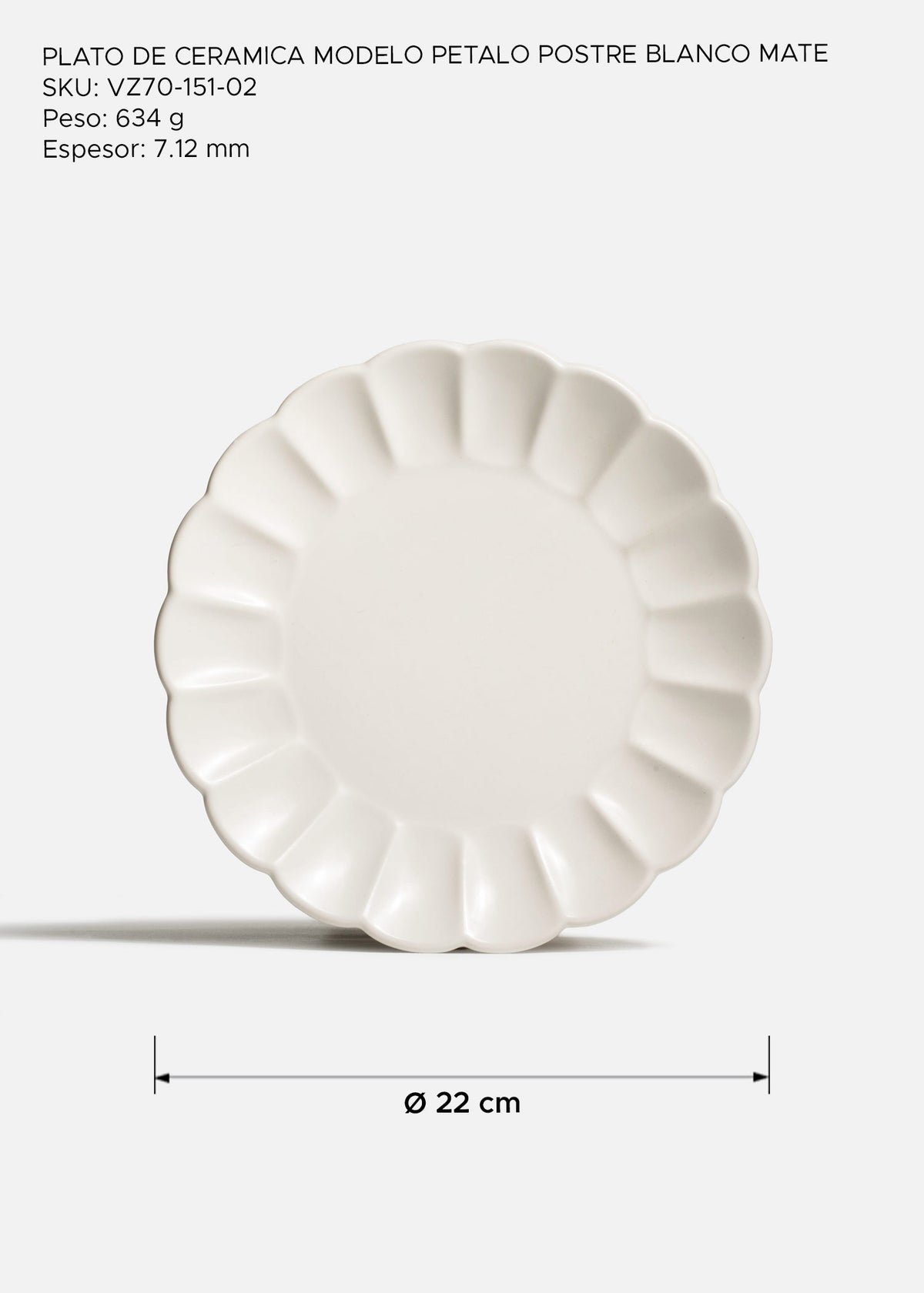 Plato trinche de cerámica premium blanco mate Pétalo Ø 22 cm — imagen de producto