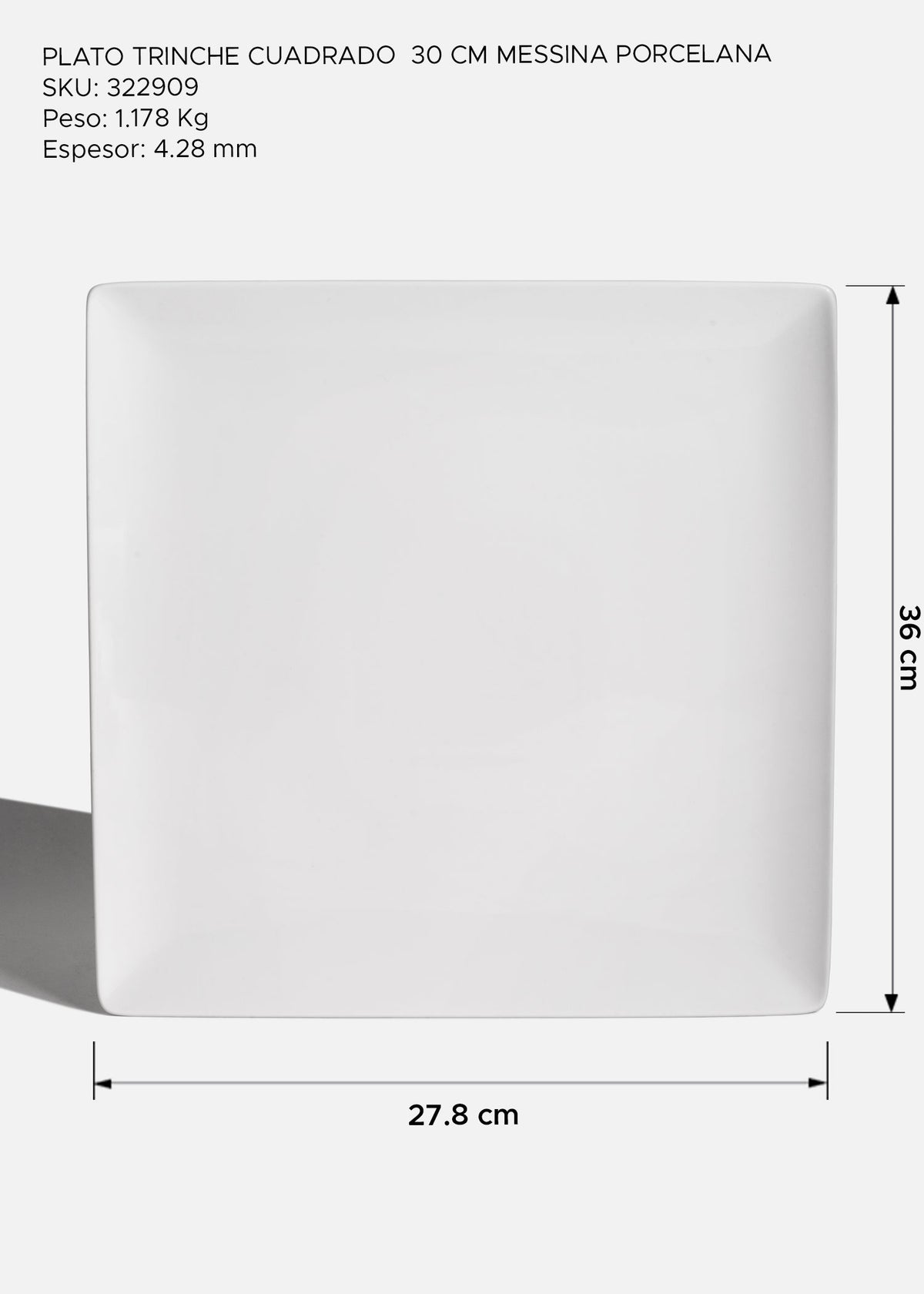 Plato trinche cuadrado de porcelana blanco Messina 30 cm — imagen de producto
