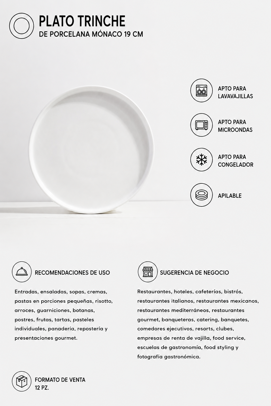 Plato trinche de porcelana blanco Mónaco Ø 19 cm — imagen de producto