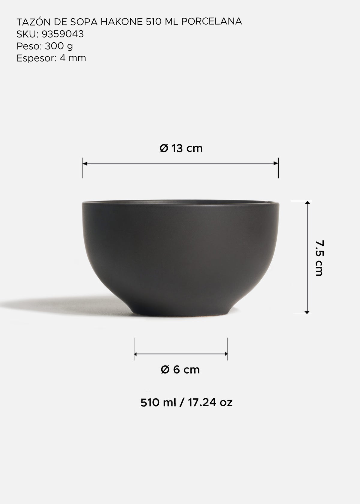Plato hondo de porcelana negro Hakone 510 ml — imagen de producto