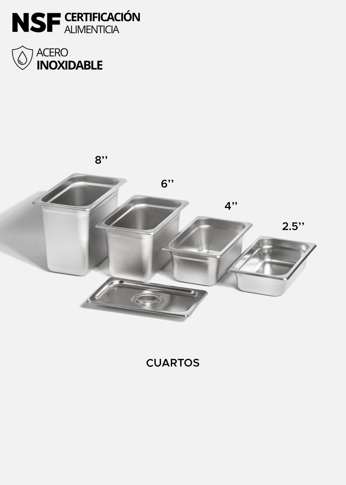 Inserto cuarto de acero inoxidable quirúrgico NSF profundidad 2.5", 4", 6" y 8". Premium — imagen de producto
