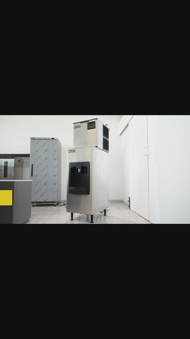 Fabrica industrial de hielo en cubo, producción de 230 kg por 24 hrs. , con deposito de 200 kg. Altura 174.5 cm, ancho 76 cm, largo 86 cm. Cubo de hielo de 2.2 cm. Rhino FAHIEL-230 — video de producto