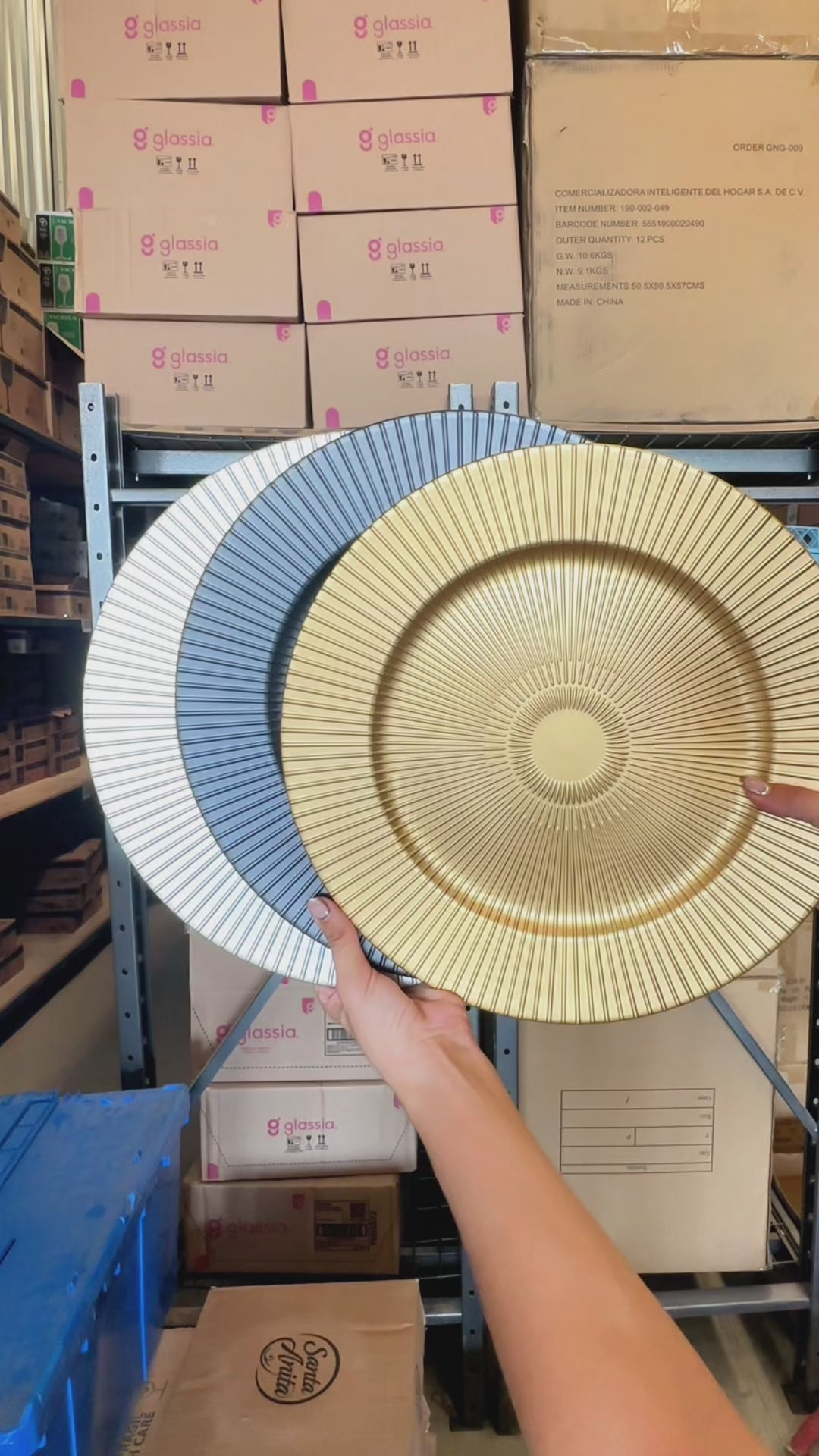 Cargar vídeo: Plato base con rayas de plástico gris oxford Acanthus 32.5 cm — video de producto