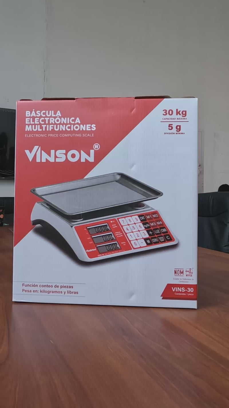 Báscula electrónica comercial peso / precio multifunciones 30 kg división mínima 5 g plato de acero inoxidable de 27.5x21.5 cm. Rhino VINS-30 — video de producto