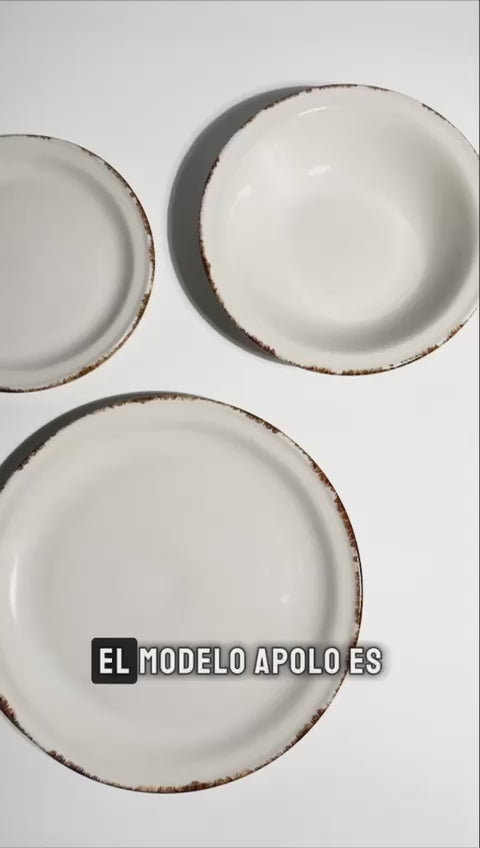 Platos trinche de cerámica blanco borde café Apolo — video de producto