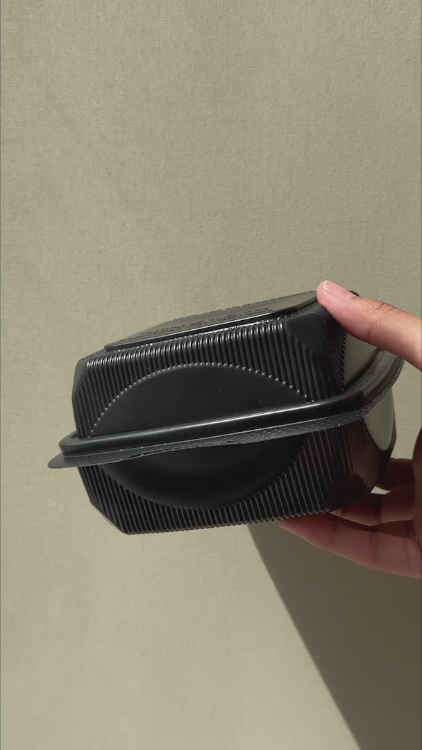 Video del contenedor con bisagra de polipropileno negro para alimentos