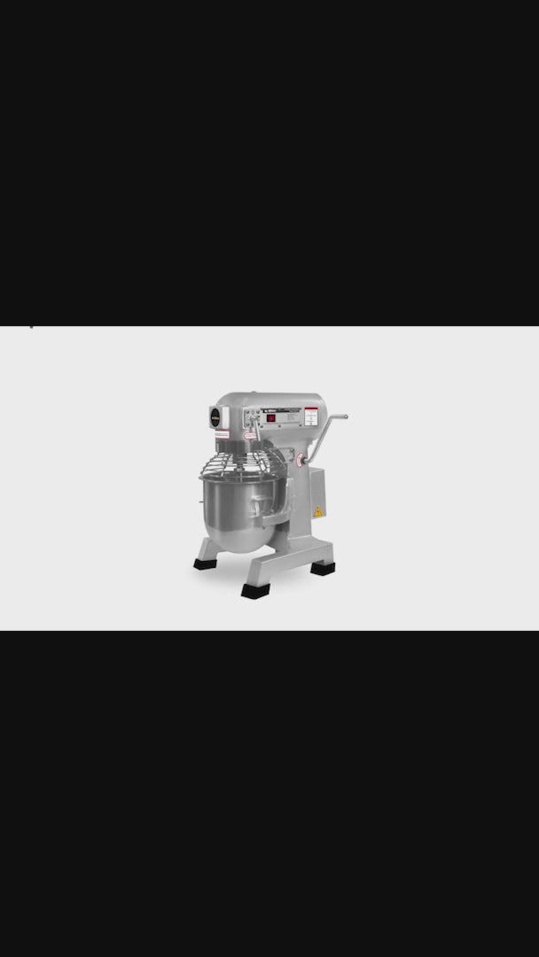 Batidora planetaria industrial de acero inoxidable 201 profesional de tres velocidades (gancho, paleta y globo) capacidad de tazón 20 L y 4.5 kg de amasado 1 HP. Rhino BATI-20 — video de producto