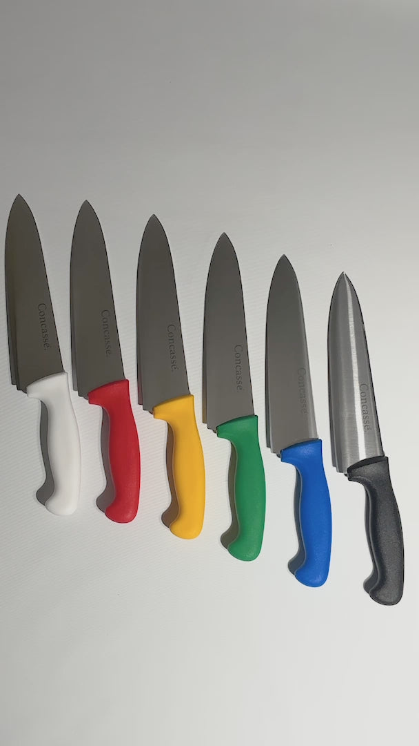 Cargar vídeo: Cuchillo para chef de acero inoxidable alta duración de filo 8". Premium — video de producto