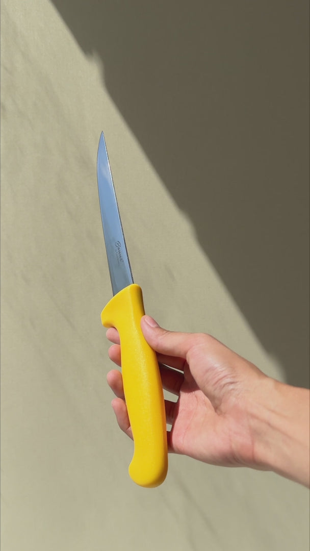 Cuchillo para deshuesar recto profesional de acero inoxidable con mango antideslizante rojo, verde, blanco, negro, amarillo y azul  6". Premium — video de producto