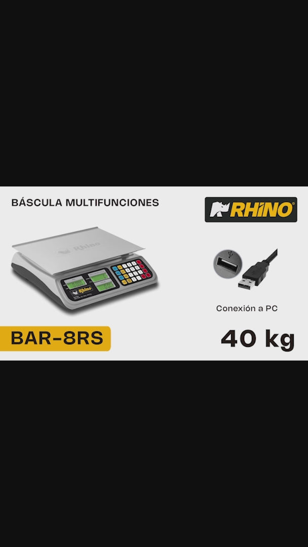 Cargar vídeo: Bascula digital peso / precio con puerto USB comercial profesional para negocios y food service 40 kg división mínima 2 g plato de acero inoxidable de 33x25 cm. Rhino BAR-8RS — video de producto