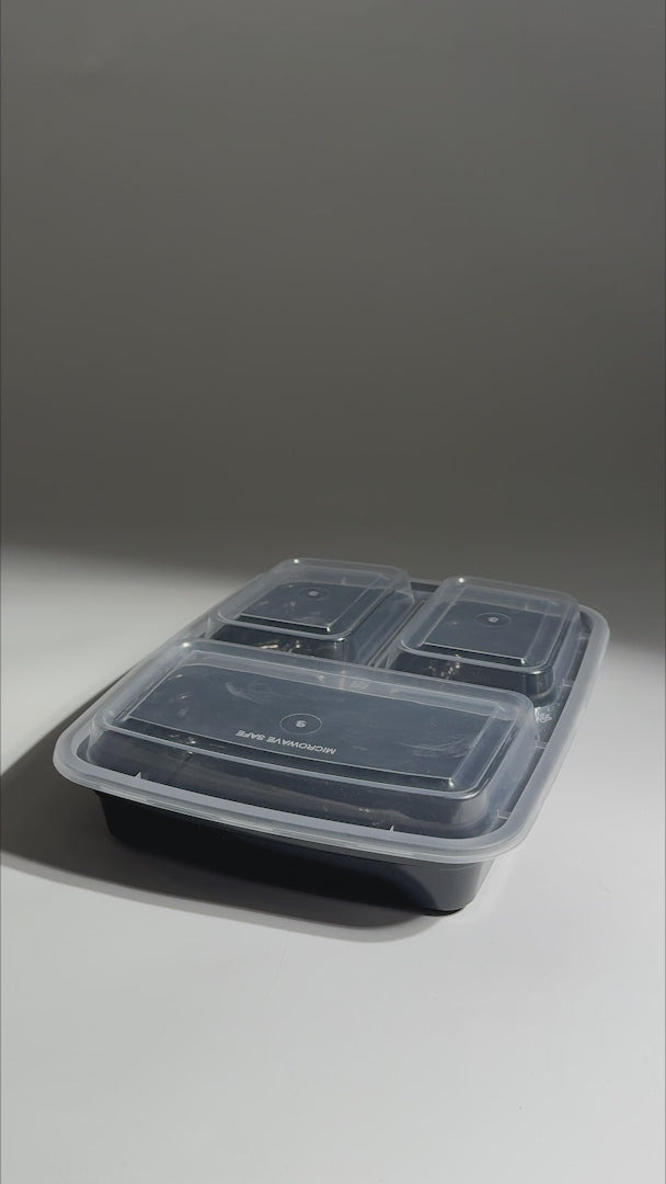 Video de detalles del contenedor de alimentos para delivery con tres divisiones