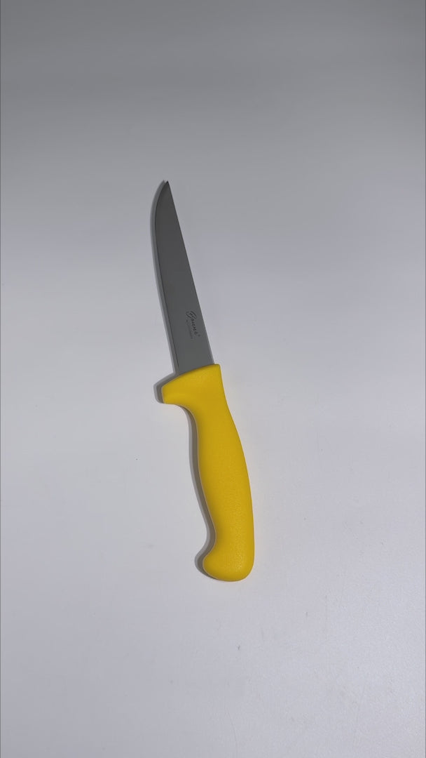 Cuchillo para deshuesar recto profesional de acero inoxidable con mango antideslizante rojo, verde, blanco, negro, amarillo y azul  6". Premium — video de producto