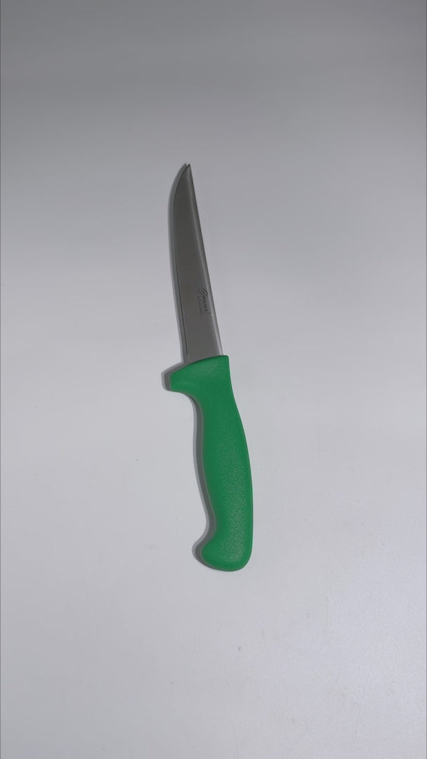Cuchillo para deshuesar recto profesional de acero inoxidable con mango antideslizante rojo, verde, blanco, negro, amarillo y azul  6". Premium — video de producto
