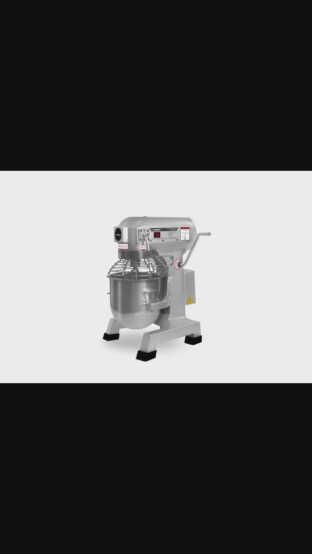 Batidora industrial planetaria de acero inoxidable 201 profesional de tres velocidades (gancho, paleta y globo) capacidad de tazón 10 L y 1.5 kg de amasado. Rhino BATI-10 — video de producto