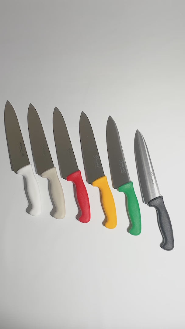 Cargar vídeo: Cuchillo para chef de acero inoxidable blanco, rojo, negro, beige, amarillo y verde Forge 8". Premium — video de producto