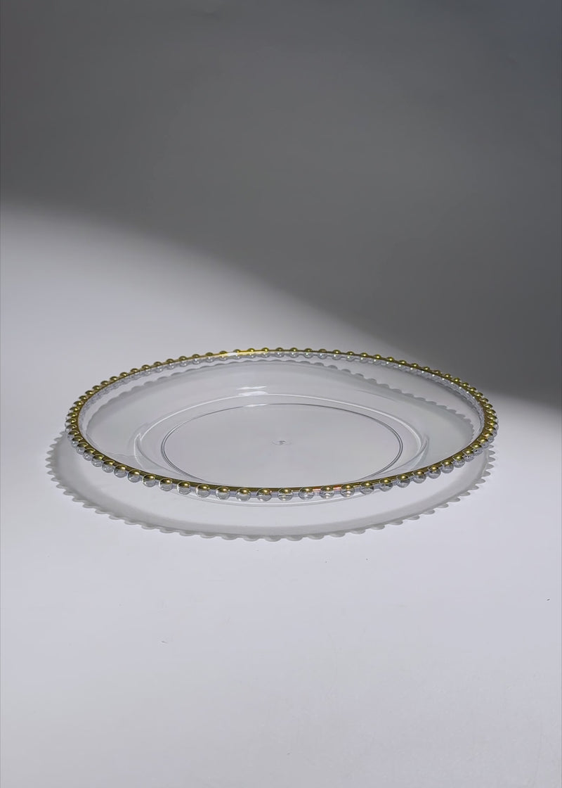 Video de Plato base de vidrio transparente con filo dorado Perla Ø 32 cm para banquetes, hoteles, restaurantes, bodas y eventos