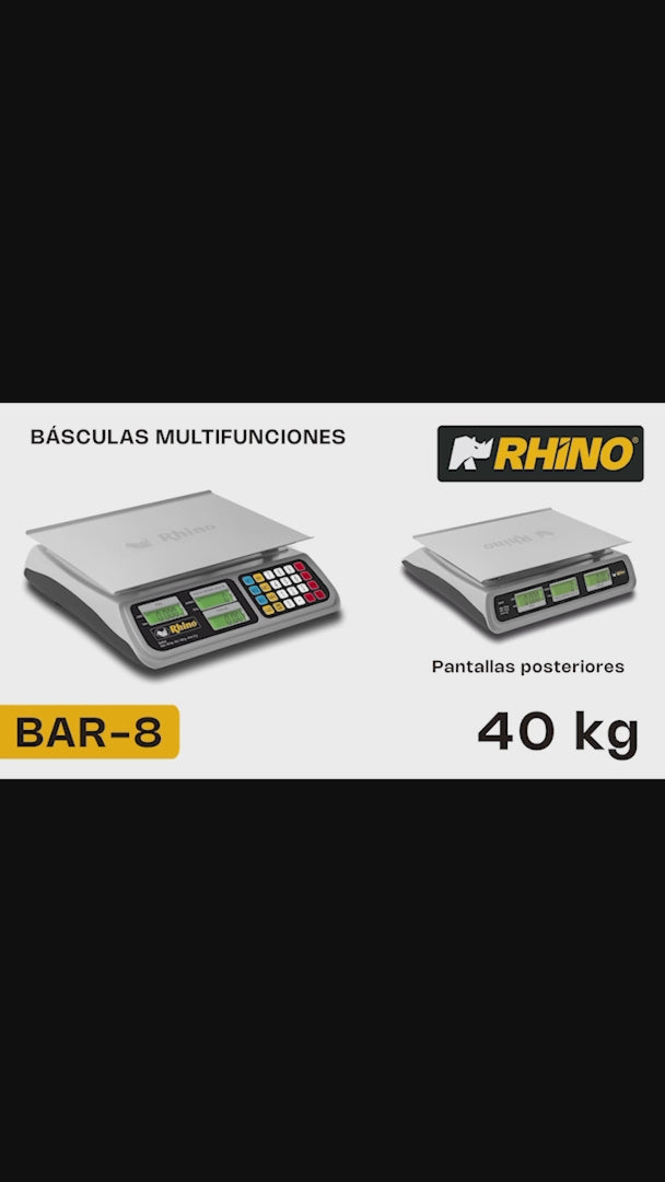 Bascula digital comercial peso / precio con batería recargable y funciones de caja registradora 40 kg división mínima 2 g plato de acero inoxidable de 33x25 cm. Rhino BAR-8 — video de producto
