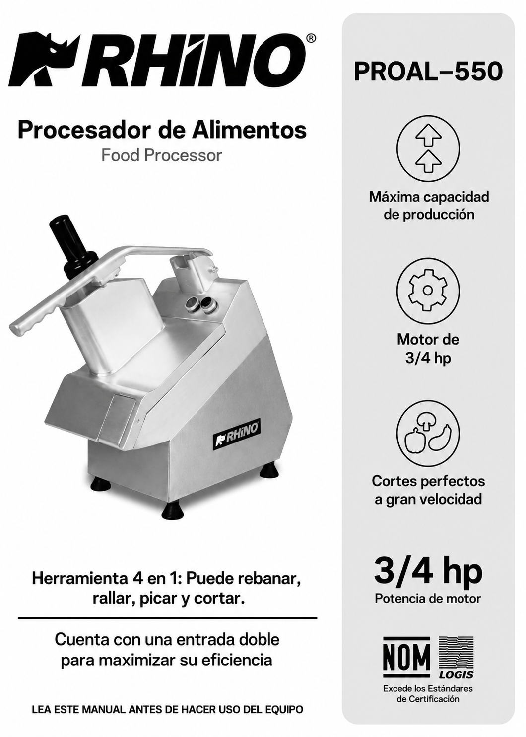 Procesador de alimentos industrial 550W 3/4 HP. Diámetro de disco 205 mm. Incluye 5 discos intercambiables para corte regula y corte rallado. Rhino PROAL-550 — imagen de producto
