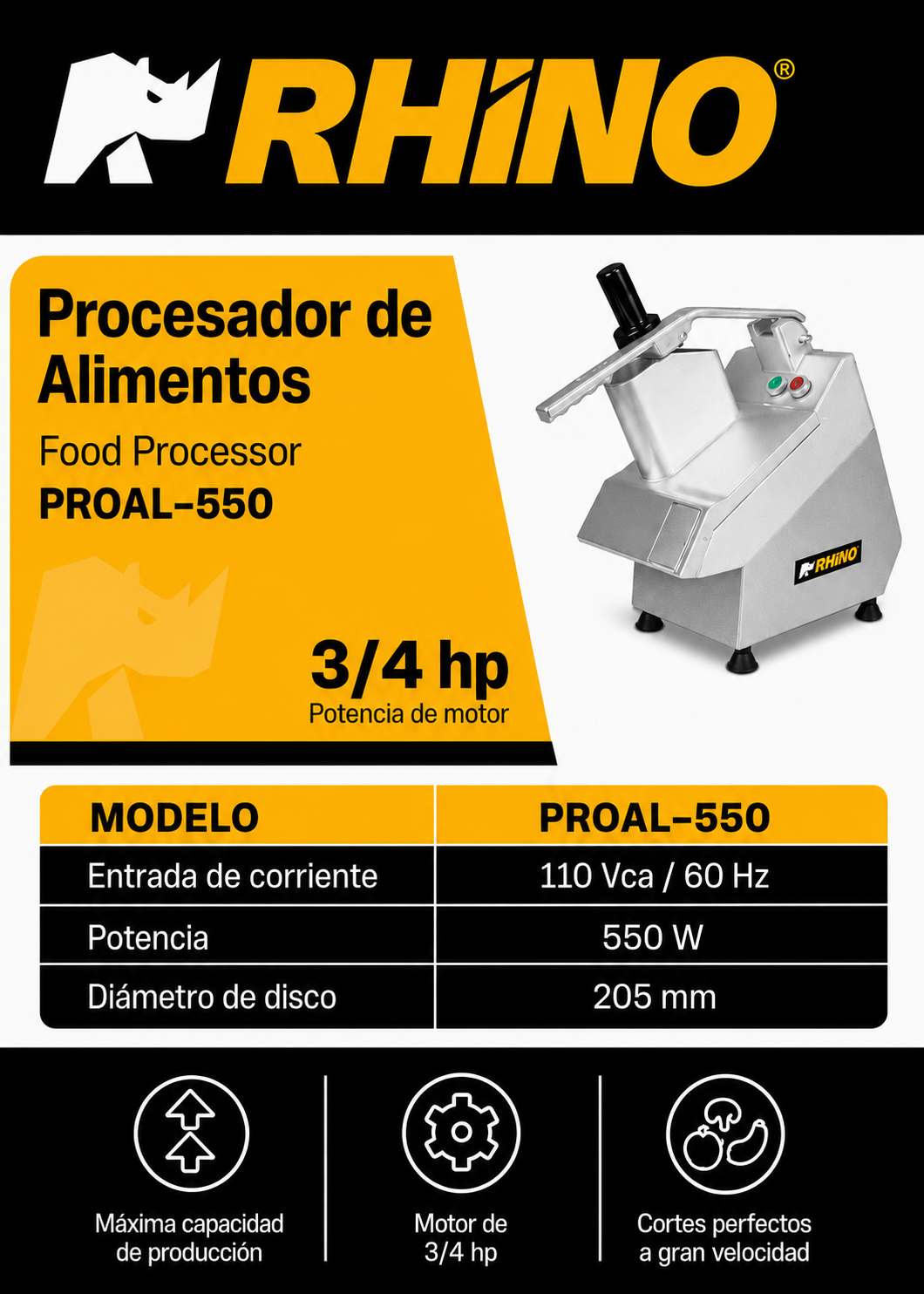 Procesador de alimentos industrial 550W 3/4 HP. Diámetro de disco 205 mm. Incluye 5 discos intercambiables para corte regula y corte rallado. Rhino PROAL-550 — imagen de producto