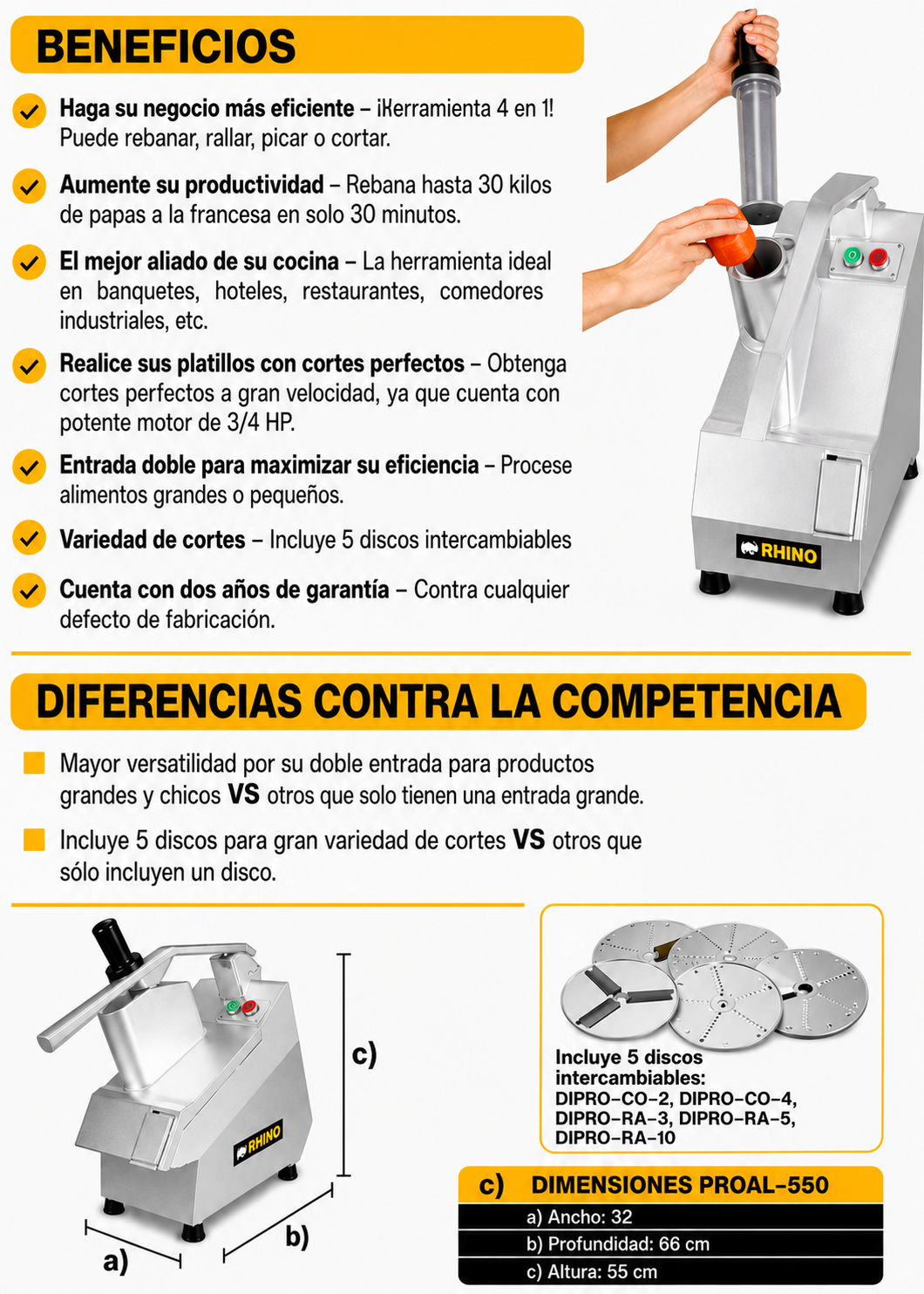 Procesador de alimentos industrial 550W 3/4 HP. Diámetro de disco 205 mm. Incluye 5 discos intercambiables para corte regula y corte rallado. Rhino PROAL-550 — imagen de producto
