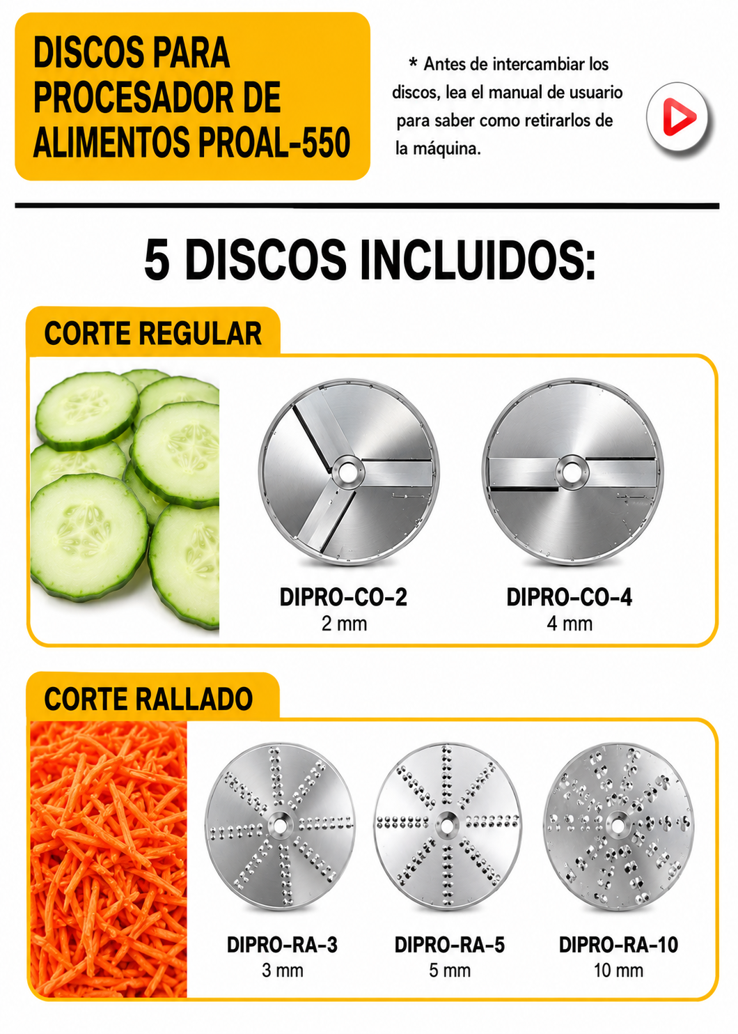 Procesador de alimentos industrial 550W 3/4 HP. Diámetro de disco 205 mm. Incluye 5 discos intercambiables para corte regula y corte rallado. Rhino PROAL-550 — imagen de producto