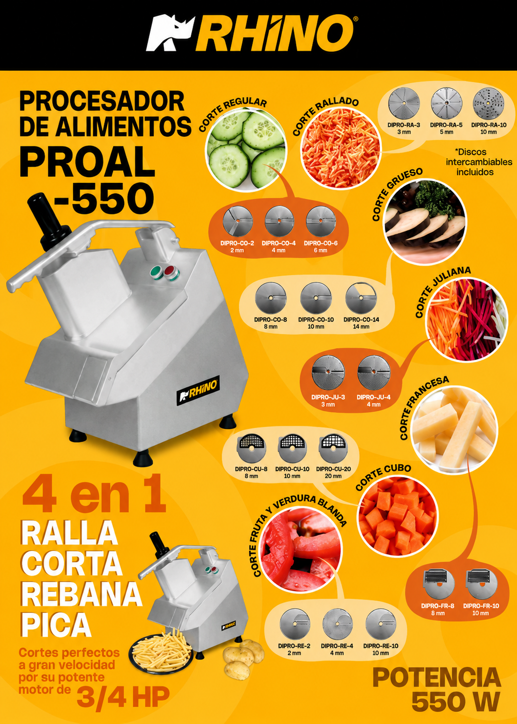 Procesador de alimentos industrial 550W 3/4 HP. Diámetro de disco 205 mm. Incluye 5 discos intercambiables para corte regula y corte rallado. Rhino PROAL-550 — imagen de producto
