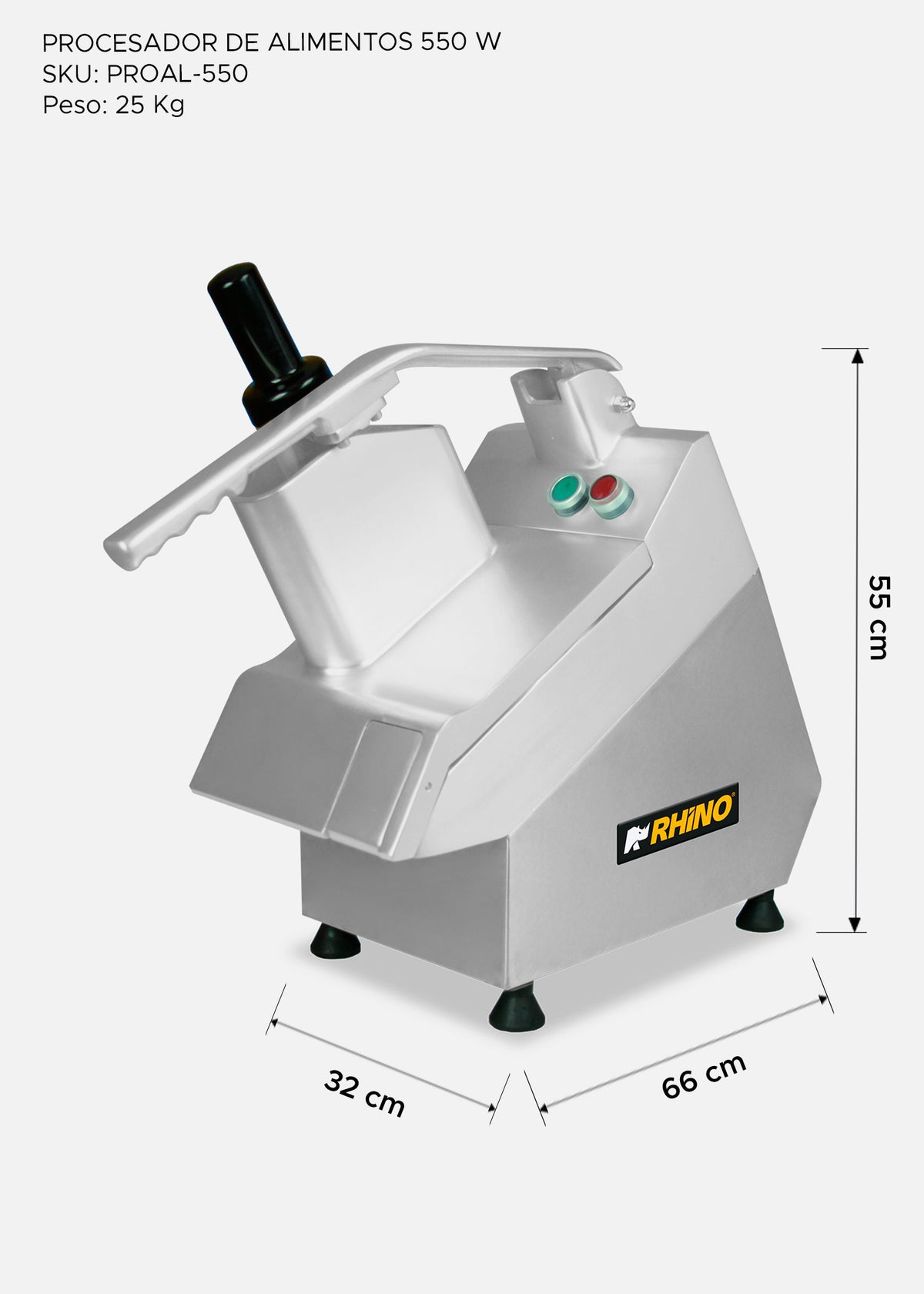 Procesador de alimentos industrial 550W 3/4 HP. Diámetro de disco 205 mm. Incluye 5 discos intercambiables para corte regula y corte rallado. Rhino PROAL-550 — imagen de producto