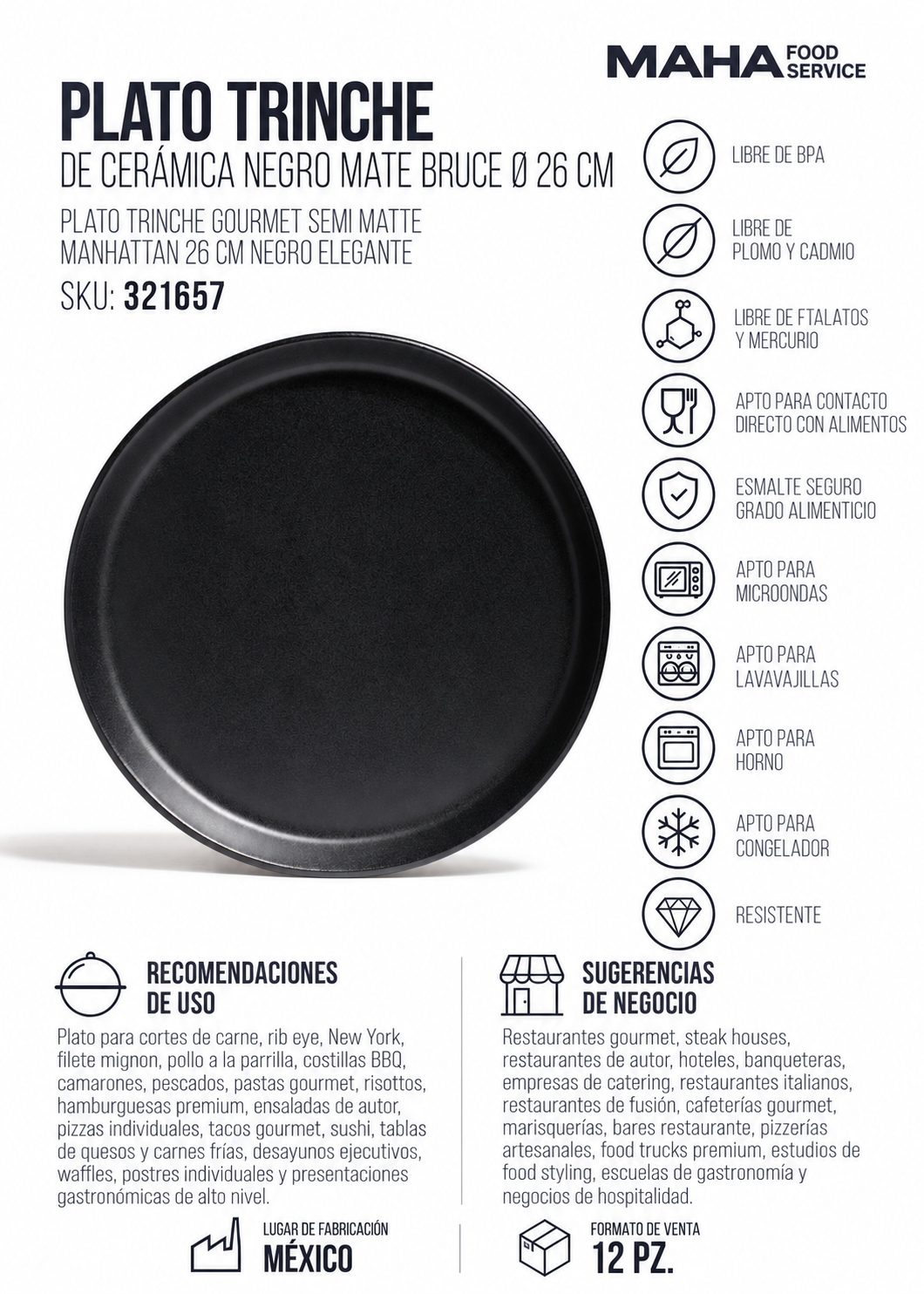 Ficha técnica de Plato trinche de cerámica negro mate Bruce Ø 26 cm para restaurantes, hoteles y servicio de mesa HORECA