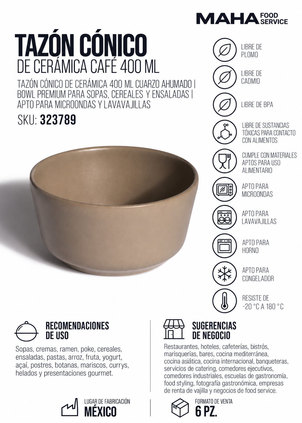 Ficha técnica de Tazón cónico de cerámica café 400 ml para restaurantes, hoteles y servicio de mesa HORECA