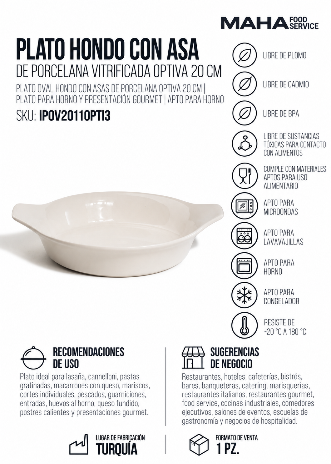 Ficha tecnica de Plato hondo con asa de porcelana vitrificada Optiva 20 cm
