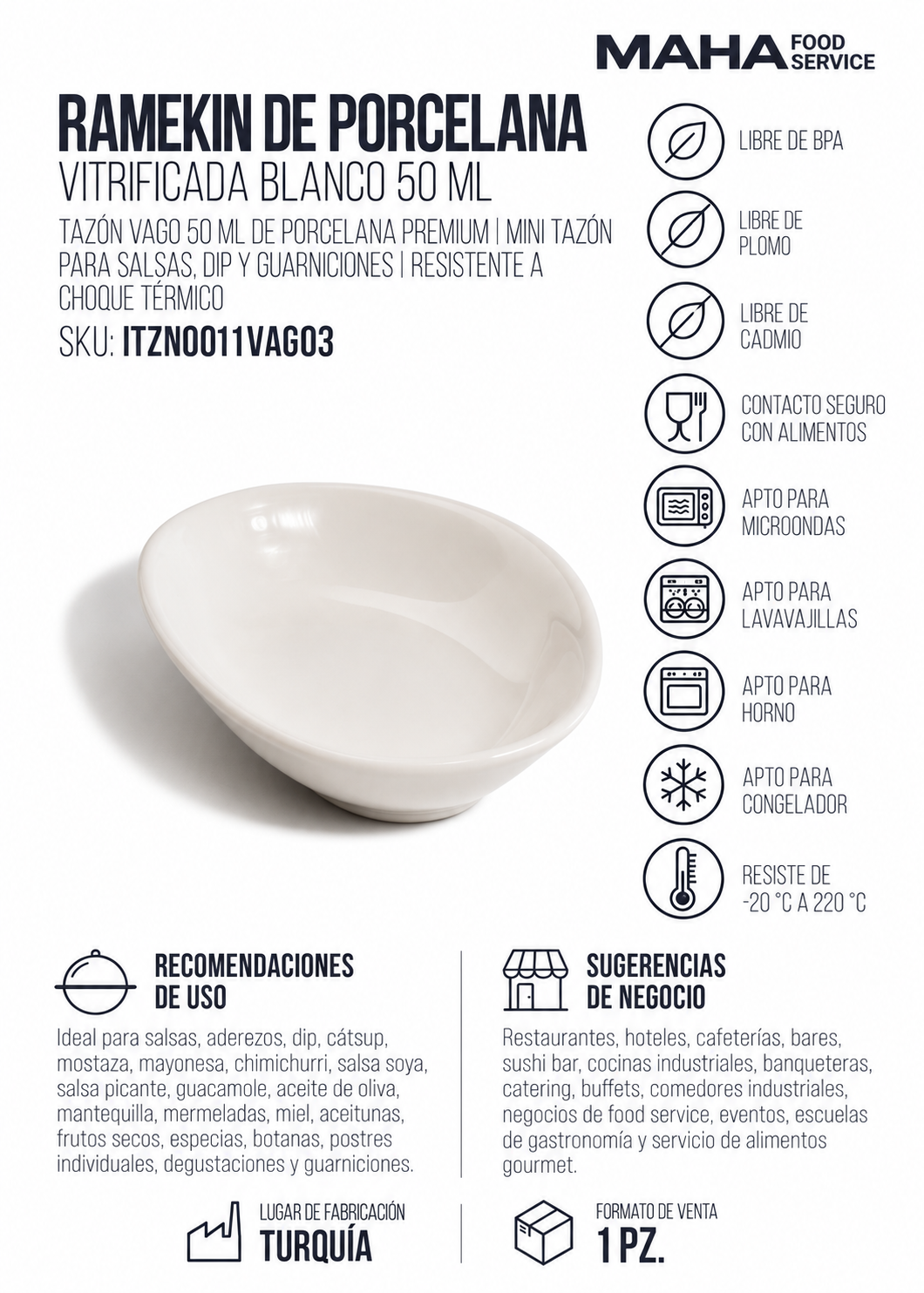 Ficha técnica de Ramekin de porcelana vitrificada blanco 50 ml para restaurantes, hoteles y servicio de mesa HORECA