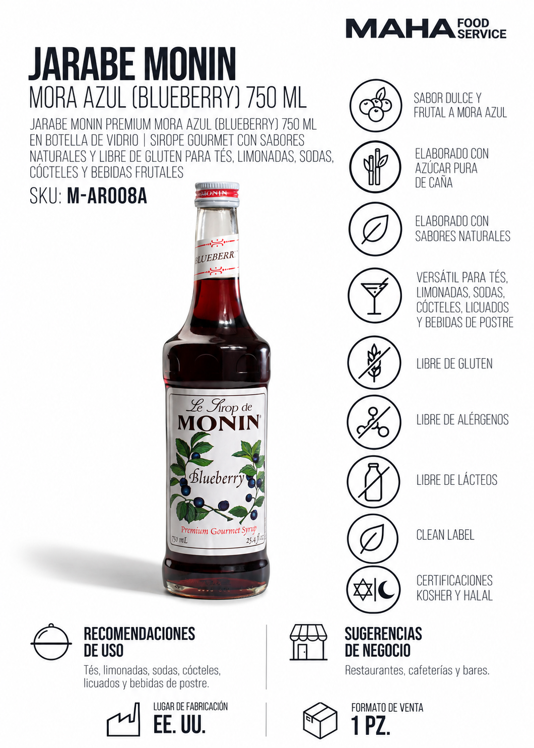 Ficha técnica de Jarabe de mora azul botella de vidrio Monin 750 ml para bares, cafeterías y mixología profesional