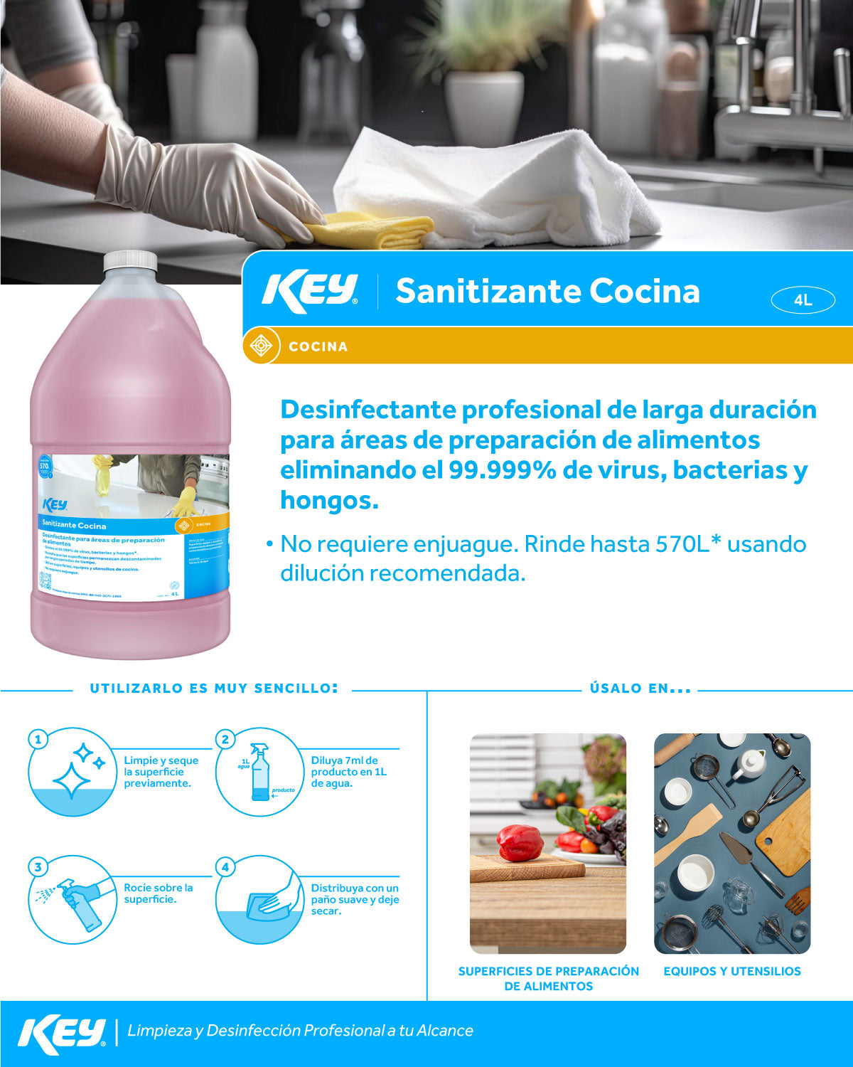 Sanitizante profesional de cocina desinfecta áreas de alimentos 4 L — imagen de producto